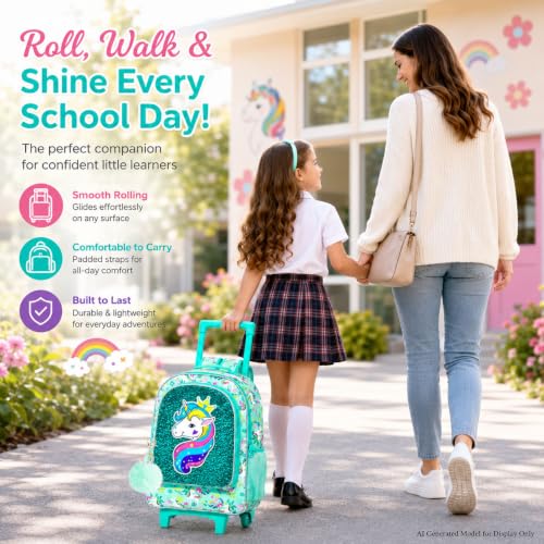 gxtvo Rolling Backpack for Girls, Kids Roller Wheels Bookbag - Roller Elementary Sequin School Bag - 3PCS Unicorn Green