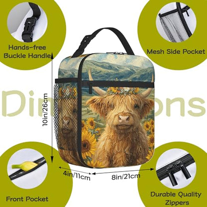 Highland Cow Sunflower Kids Lunch Bag Insulated Lunch Box Cooler Freezable Meal Prep Bag with Shoulder Strap Waterproof Lunch Container for Boys Girls School Office Picnic - color: Highland Cow Sunflower