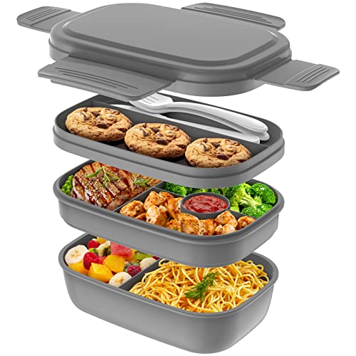 HOMETALL Bento Box Adult Lunch Box,3 Stackable Bento Lunch Containers for Adults/Kids, Modern Minimalist Design Bento Box with Utensil Set, Leak-Proof Lunchbox for Dining Out, Work, Picnic, School - color: Gray