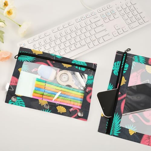 Blueangle Flamingo and Palm Leaves Pencil Pouch for 3 Ring Binder, 2 Pack Clear Window Zipper Pencil Bags for Office