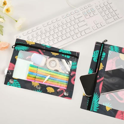 Blueangle Flamingo and Palm Leaves Pencil Pouch for 3 Ring Binder, 2 Pack Clear Window Zipper Pencil Bags for Office