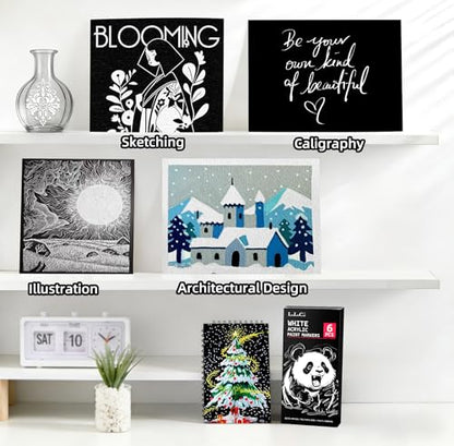 6Pcs White Acrylic Ink Pens for Black Paper– Fine Point White Gel Pens, Long Nib Marker, Dual-Tip Opaque Paint Pen, Brush Tip Acrylic Markers for Drawing, Sketching, Illustration, Card Making
