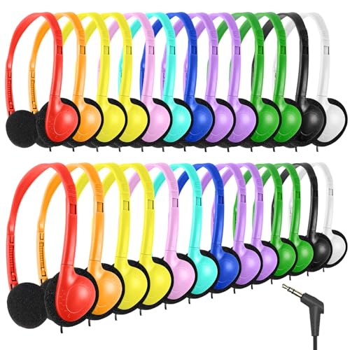 Bulk Class Set Headphones 30 Pack for Classroom Students Kids，Adjustable School Earphones On Ear with 3.5mm Jack for Teachers Children Toddler Boys Girls Teens Adult(GS857, Mixed) - color: Mixed Colors, size: 30 Pack