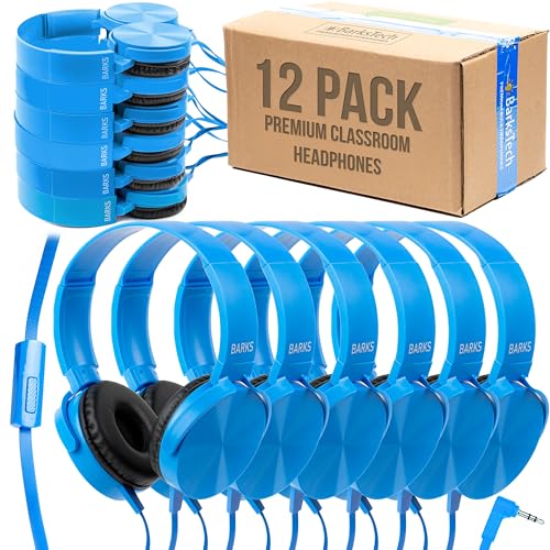 Barks Classroom Headphones with Microphone (Blue, 12 Pack) - Wired 3.5mm On-Ear Bulk Headphones for Classroom: Best for Students K-12 Schools (Durable, Inline Microphone, Great Recording Quality) - color: Blue