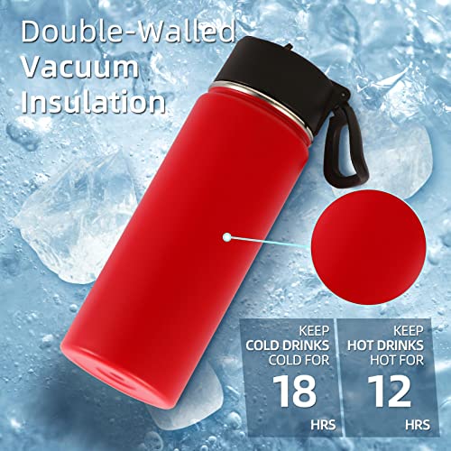 Volhoply 18oz Kids Insulated Water Bottle,Stainless Steel Water Bottles with Straw Lid,Wide Mouth Reusable Metal Water Bottle,Double Wall Vacuum Sports Travel Flask For Cold Drink(Red,1 Set) - color: Red