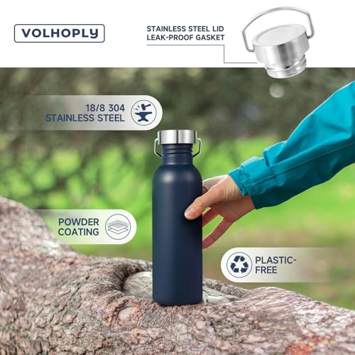 Volhoply 26oz Uninsulated Single Walled Water Bottle, Stainless Steel Reusable Water Bottles with Handle & Carabiner, BPA Free Wide Mouth Water Bottles for Gym Sports Camping（Navy,1） - color: Navy