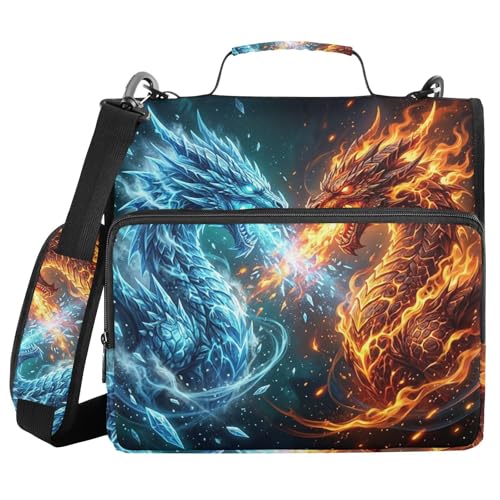 Fire Ice Dragon Print 3 Ring Zipper Binder with Shoulder Strap & Handle 2 Inch D-Ring Zippered Binder Bag with Multiple Pocket & Pencil Pouch, Binder Organizer for School or Office - color: Fire Ice Dragon