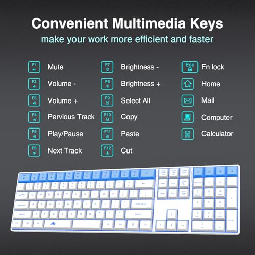 POWZAN Wireless Backlit Keyboard Quiet - Computer Rechargeable Ergonomic Light UP Keyboard, Silent Keys Full Size Compatible for Windows, Desktop, Laptop, PC, Gaming, PS5 - White - color: White