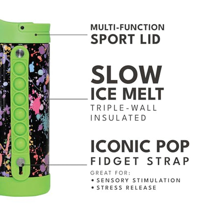 Elemental Iconic Kids Water Bottle with Straw Lid & Stress Relief Pop It Handle, Leak-Proof When Closed, Triple Insulated Kids Stainless Steel Water Bottle For Girls and Boys, 14oz -Green Splatter - color: Green Paint Splatter, size: 14 Ounces