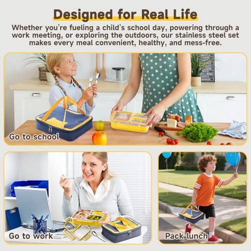 Stainless Steel Bento Lunch Box Set with Spoon, Fork & Insulated Lunch Bag, 25oz Leakproof Bento Box for Adults & Kids, Ideal for School, Home, Office, Picnic & Healthy meal prep containers (yellow) - color: Yellow