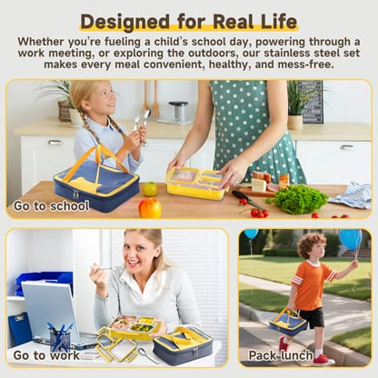 Stainless Steel Bento Lunch Box Set with Spoon, Fork & Insulated Lunch Bag, 25oz Leakproof Bento Box for Adults & Kids, Ideal for School, Home, Office, Picnic & Healthy meal prep containers (yellow) - color: Yellow