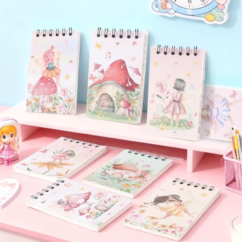 8 Pcs Mini Flower Fairy Spiral Notebooks 3.9 x 2.4 Inch, Mixed Colorful Mushroom House Elf Design Journal Lined Memo Pad, Portable Coil Notepads for Kids Birthday Party Classroom Gifts Supplies - color: Flower Fairy