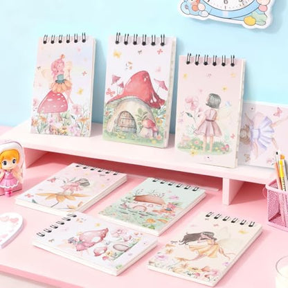 8 Pcs Mini Flower Fairy Spiral Notebooks 3.9 x 2.4 Inch, Mixed Colorful Mushroom House Elf Design Journal Lined Memo Pad, Portable Coil Notepads for Kids Birthday Party Classroom Gifts Supplies - color: Flower Fairy