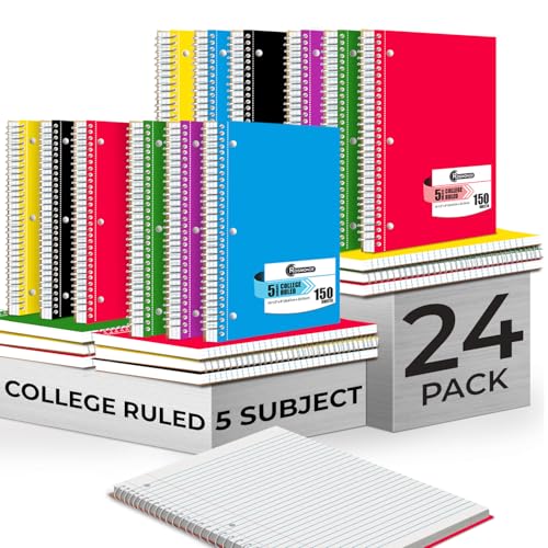Rosmonde Bulk Spiral Notebook 24 Pack, 5 Subject, 300 Pages/Book (150 Sheets), 8 x 10-1/2, College Ruled, School & Office Spiral Notebooks, Back to School Notebook Journal, Soft Cover, Assorted Colors - size: 24 Pack, style: 5 Subject - Soft Cover