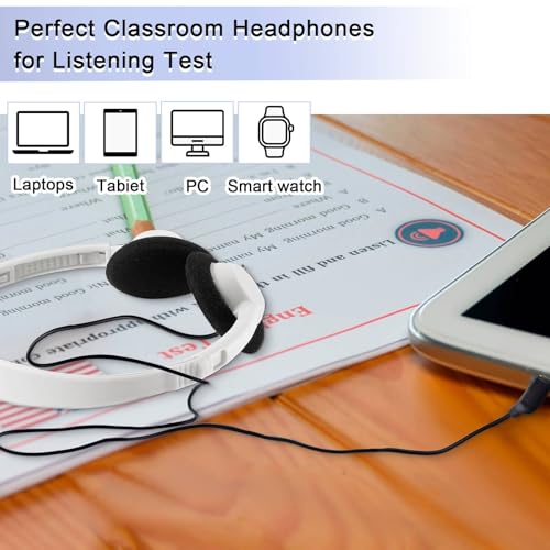 Yunsailing 30 Pack Bulk Headphones Set Over Ear Headphones with Adjustable Headband 3.5mm Plug Headsets Earphones for Learning Program, Computer Lab, Library, Testing & Multimedia Use (White) - color: White