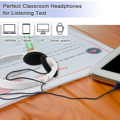Yunsailing 30 Pack Bulk Headphones Set Over Ear Headphones with Adjustable Headband 3.5mm Plug Headsets Earphones for Learning Program, Computer Lab, Library, Testing & Multimedia Use (White) - color: White