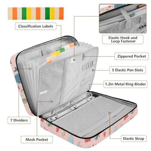 3-Hole Ring Binder Organizer Bag with 7-Pocket Accordion Divider Cute Sea Animals Whales Document Storage Bag with Mesh Storage Pouch