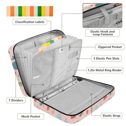 3-Hole Ring Binder Organizer Bag with 7-Pocket Accordion Divider Cute Sea Animals Whales Document Storage Bag with Mesh Storage Pouch