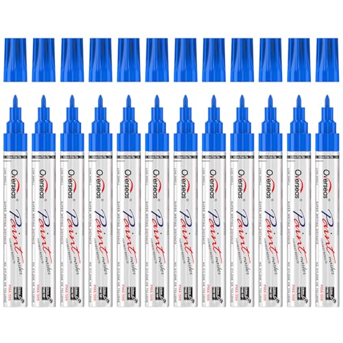 Overseas Blue Oil Based Paint Markers, 12 Fine Tip Permanent Paint Pens | 0.9mm Fine Nib, Waterproof, Quick Dry, Fade Resistant, Oil Marker Pen for Metal, Rubber, Glass, Wood, Plastic, Rock, Canvas - color: Blue