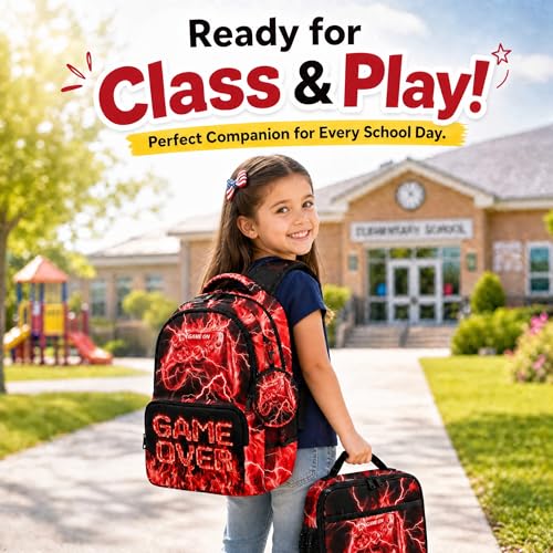 Game Backpack Set for Boys Kids – 17" Large Capacity Gaming School Bag with Lunch Box, Pencil Bag and Coin Purse (Red) - color: Red-1