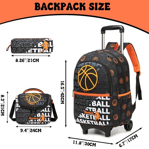 Backpack with Wheels for Boys Rolling Backpack with Lunch Box Pencil Case for Kids Carry On Suitcase with Wheels for Elementary Teens Boys - color: Basketball