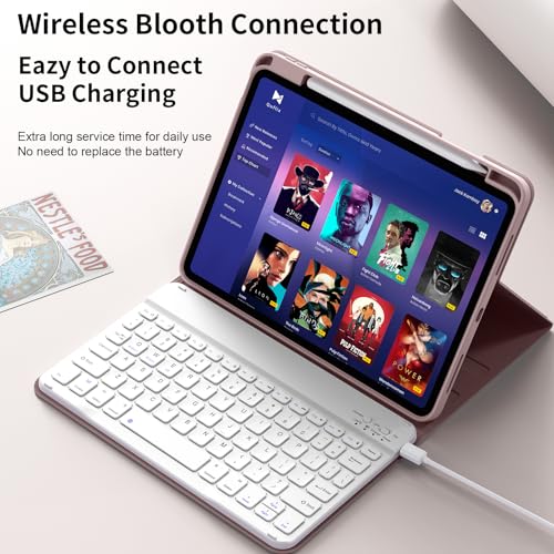 kenke for iPad 11/10th Gen Case with Keyboard 11/10.9 inch 2025 A16/2022, Detachable Wireless Bluetooth Keyboard Case with Bulit-in Pencil Holder, White Square Keycaps (Pink) - color: Pink