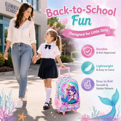 3Pcs Mermaid Rolling Backpack for Girls, Kids School Backpacks with Wheels, Roller Bookbag with Lunch Box for Elementary Preschool(Pink) - color: Mermaid Pink02