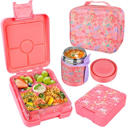 Pawtong Bento Lunch Box Set With 10oz Soup Thermo, Leak-proof Lunch Containers with 4 Compartment, Kids Hot Thermo Food Jar/Insulation Lunch Bag, Food Containers for School（Mermaid） - color: Pink-Mermaid
