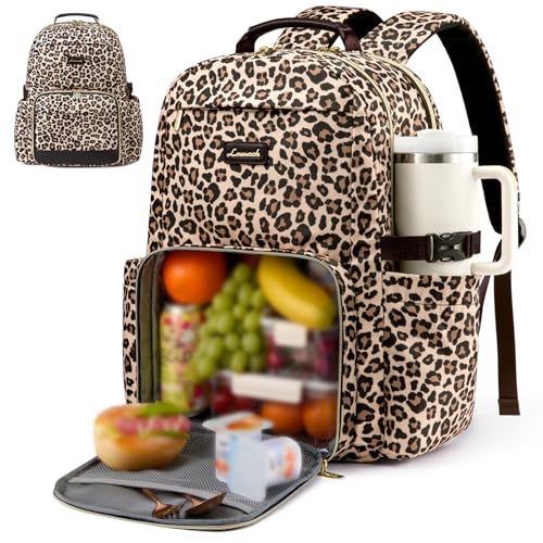 LOVEVOOK Lunch Backpack with Lunch Compartment,15.6Inch Laptop Work Travel Insulated Cooler Backpack Purse,Waterproof College Teacher Lunch Bag Box with Tumbler Holder,Gift for Men Women,Leopard print - color: Leopard Print, size: 15.6-Lunch