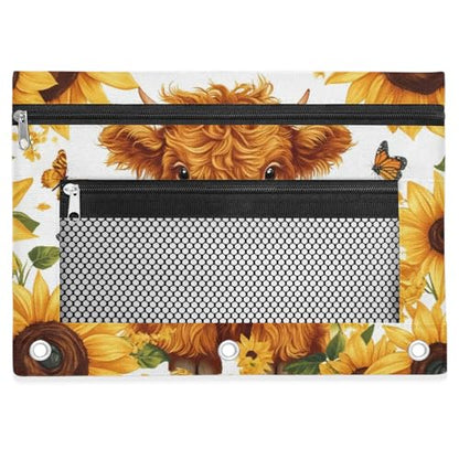 Sunflower Highland Cow Pencil Pouch for 3 Ring Binder Cattle Butterfly Pencil Case Bag with Clear Window Zipper Pockets for Kids Girls Boys Students School College Supplies 2 Pack