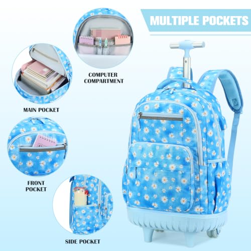 ACESAK Rolling Backpack for Girls - Roller Wheels School bag with Lunch Bag & Pencil Pouch for Teen Girls Kids Wheeled Suitcase Backpacks, Elementary Middle School Travel Daypack (Blue Daisy) - color: Blue Daisy