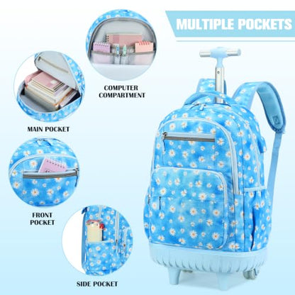 ACESAK Rolling Backpack for Girls - Roller Wheels School bag with Lunch Bag & Pencil Pouch for Teen Girls Kids Wheeled Suitcase Backpacks, Elementary Middle School Travel Daypack (Blue Daisy) - color: Blue Daisy