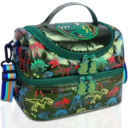 RHCPFOVR Kids Lunch Bag - Double - Decker Cooler Insulated Lunch Box for Boys Girls,Washable Lunch Bag and Reusable Toddler Lunchbox for School and Daycare - color: Dark Green Dinosaur