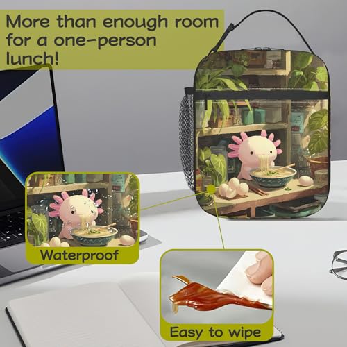 Axolotl Eating Ramen Kids Lunch Bag Insulated Lunch Box Cooler Freezable Meal Prep Bag with Shoulder Strap Waterproof Lunch Container for Boys Girls School Office Picnic - color: Axolotl Eating Ramen