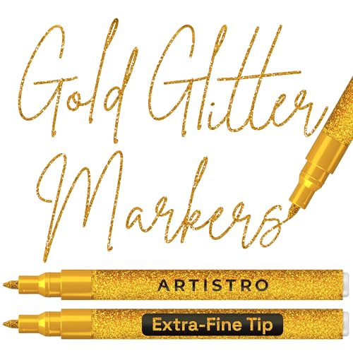 ARTISTRO 2 Glitter Gold Acrylic Paint Markers - 0.7mm Extra Fine-Tip Paint Pens - Perfect for Crafting, Art Projects, & More - color: Glitter Gold, style: Extra Fine