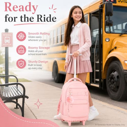HPJGD 3PCS Girls Rolling Backpack, Womens Pink School Backpacks with Wheels, Water Resistant Roller Kids Wheeled Bookbag Set - color: Classic Pink Rolling Backpack Set