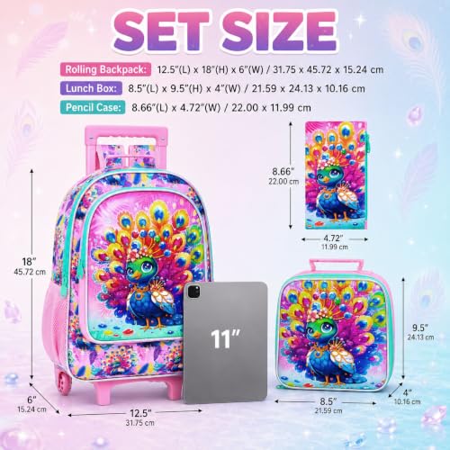 3Pcs Rolling Backpack for Girls, Peacock Roller Bookbag with Lunch Box, Kids School Backpacks with Wheels for Elementary Preschool(Pink) - color: Peacock Pink
