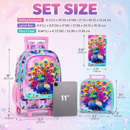 3Pcs Rolling Backpack for Girls, Peacock Roller Bookbag with Lunch Box, Kids School Backpacks with Wheels for Elementary Preschool(Pink) - color: Peacock Pink