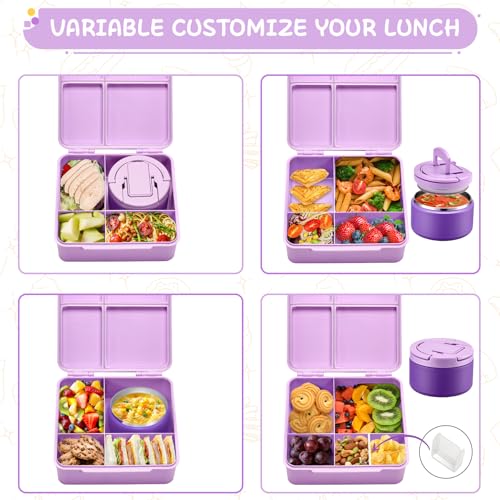 MAXSO Bento Lunch Box Set for Kids with 8 oz Soup Thermo, Leakproof Hot Food Container with 4 Compartments, Insulated Food Jar for Toddler Daycare Boys Girls School - Purple - color: Purple