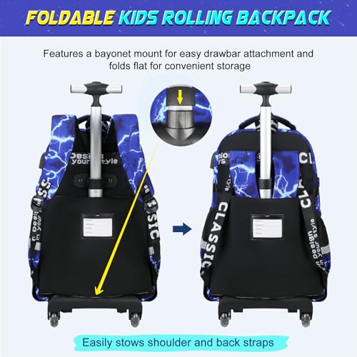 Scothen Rolling Backpack for Boys, Cool Luminous Gamer Roller School Backpacks for Boys with Lunch Bag and Pencil Pouch, Kids Backpack Bookbag with Wheels for Kindergarten Elementary Middle School - color: Blue-lightning