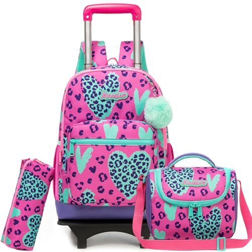 Girls Rolling Backpack for School Backpack with Wheels for Girls with Lunch Bag Cute Carry On Backpacks for Elementary Student - color: Purple Love