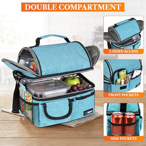 opux Insulated Lunch Bag Women Men, Dual Compartment Leakproof Lunch Box Adults Kids, Double Decker Meal Prep Bento Lunch Cooler Tote with Shoulder Strap for Work Office School Travel, Teal Blue - color: Heather Sea Blue