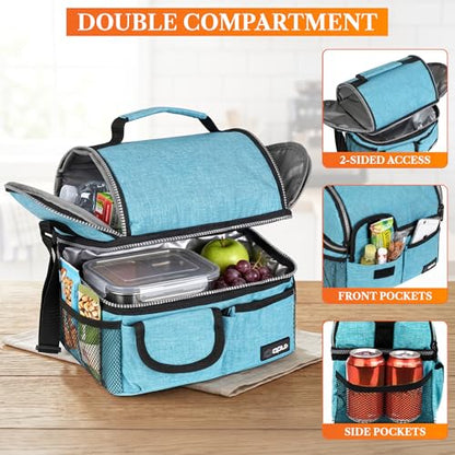 opux Insulated Lunch Bag Women Men, Dual Compartment Leakproof Lunch Box Adults Kids, Double Decker Meal Prep Bento Lunch Cooler Tote with Shoulder Strap for Work Office School Travel, Teal Blue - color: Heather Sea Blue