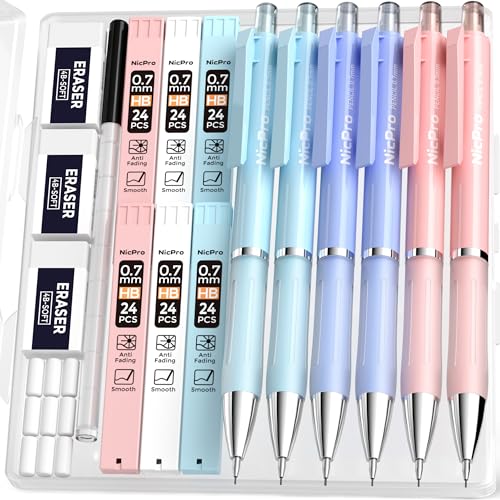 Nicpro 6PCS Cute Mechanical Pencil Set with Case, 0.7 mm Mechanical Pencils with 6 Tube HB Lead Refill, 3PCS Eraser, 9PCS Eraser Refill for School Supplies Student Writing, Drafting Drawing Sketching - style: 6 Pack (0.7mm)