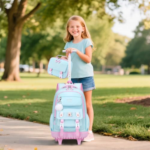 3-IN-1 Rolling Backpack for Girls with Lunch Bag Pencil case, Kawaii Backpack with Wheels for Girls, Roller School Bag with Wheels for Teen Elementary School Bookbags with Cute Pins Aquamarine-Pink - color: Aquamarine-pink