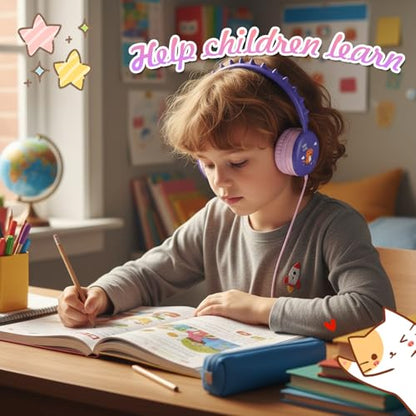 Kids Dinosaur Wired Headphones with Noise Cancelling Purple | Safe 85/94dB Volume Limit, HD Microphone for School, Soft Ear Cups, Pink Headphones for Toddlers & Teens. - color: Dinosaur Purple