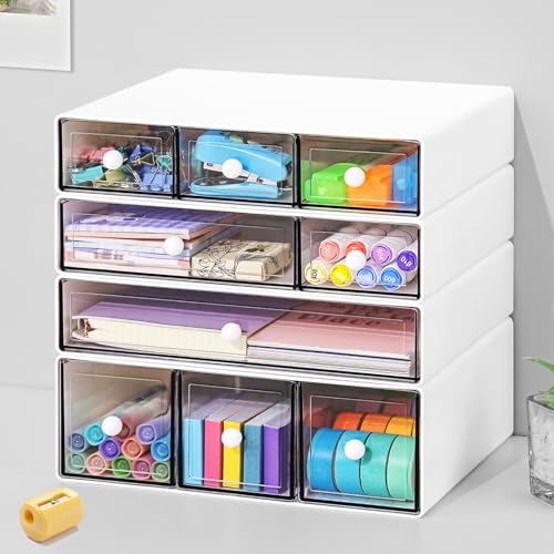 Desk Organizer with 9 Drawers, 4 Tier Plastic Stackable Storage Drawers for Desk Storage, Office Stationary Makeup Organizer Suit for Home, Office and School - color: White