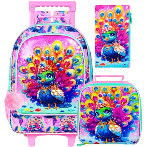 3Pcs Rolling Backpack for Girls, Peacock Roller Bookbag with Lunch Box, Kids School Backpacks with Wheels for Elementary Preschool(Pink) - color: Peacock Pink