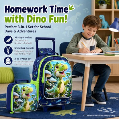 WZLVO 3PCS Boys Rolling Backpack, 18" Dinosaur Print School Bag with Wheels, Includes Matching Lunch Bag & Pencil Bag - Green Dino Adventure - color: 3PCS Boys Rolling Backpack - Green Dino Adventure