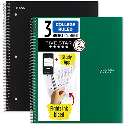 Five Star Spiral Notebook + Study App, 2 Pack, 3 Subject, College Ruled Paper, 8-1/2" x 11", 150 Sheets, Fights Ink Bleed, Water Resistant Cover, Black, Green (820191) - color: Black, Forest Green, size: 2 Pack